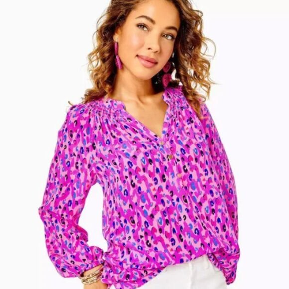 NWT Lilly Pulitzer Silk Long Sleeve Elsa Top Wild Fuchsia Spotted In Love Pink - Picture 2 of 9